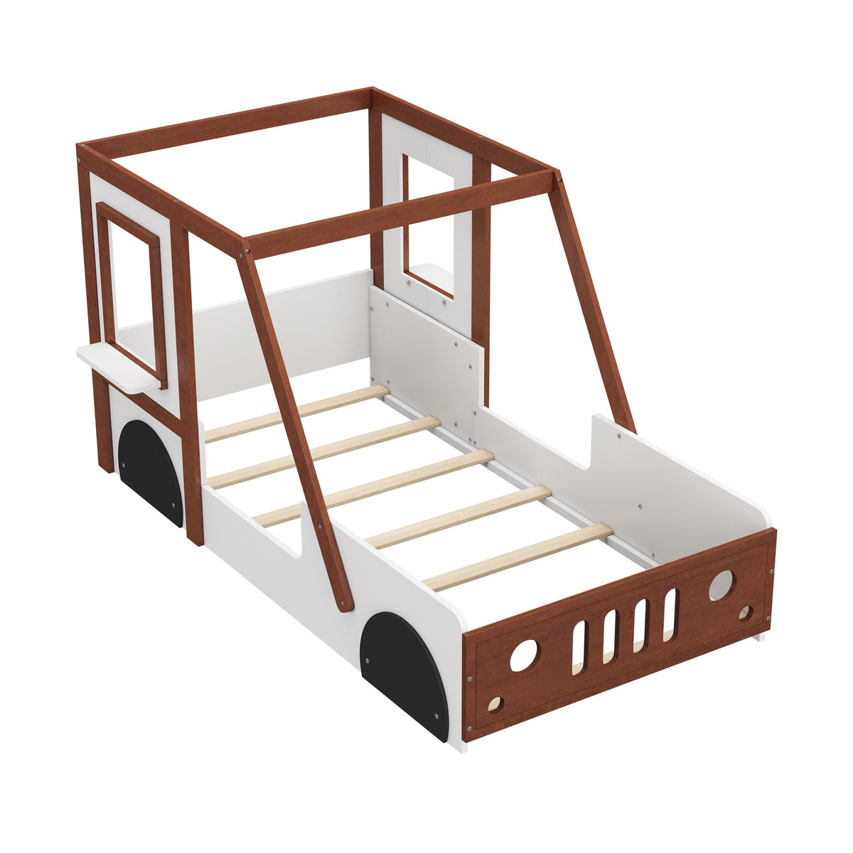 Fun Play Design Twin Size Car Bed by HouseOfZazla brown frame with panels, wheel accents on Tampa Home & Garden Store