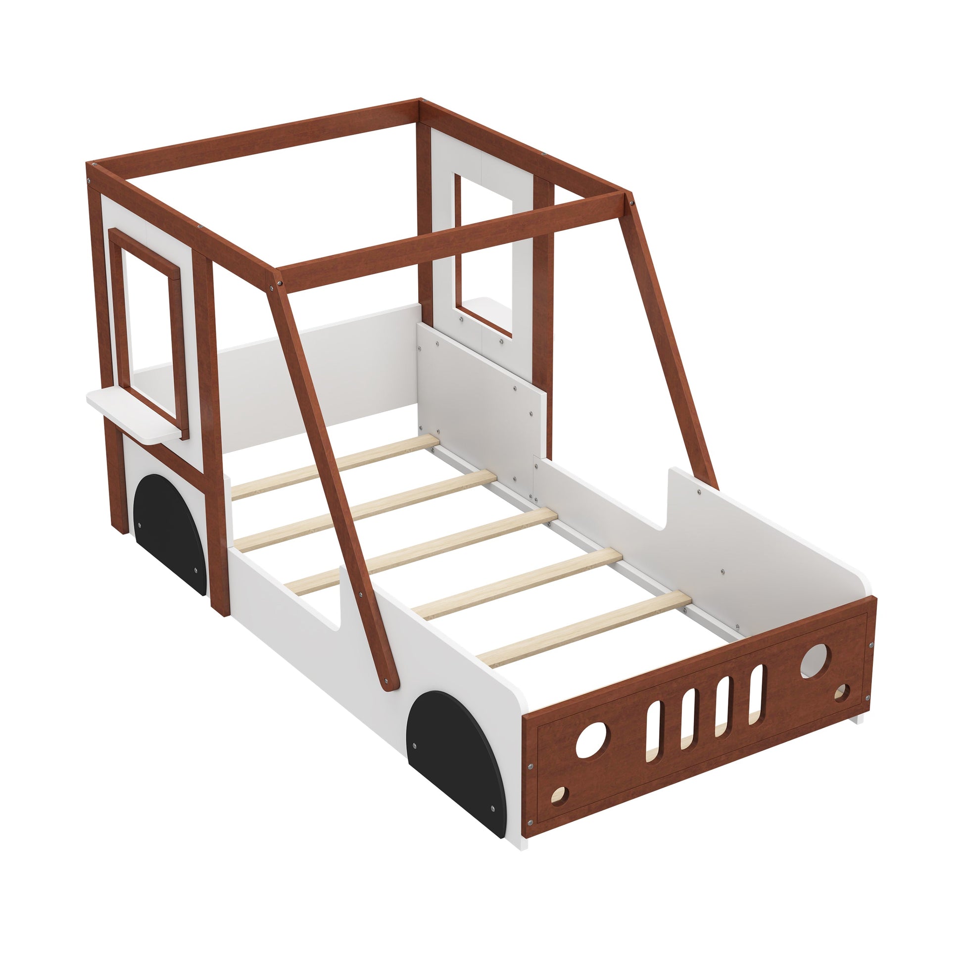 Fun Play Design Twin Size Car Bed by HouseOfZazla brown frame with panels, wheel accents on Tampa Home & Garden Store