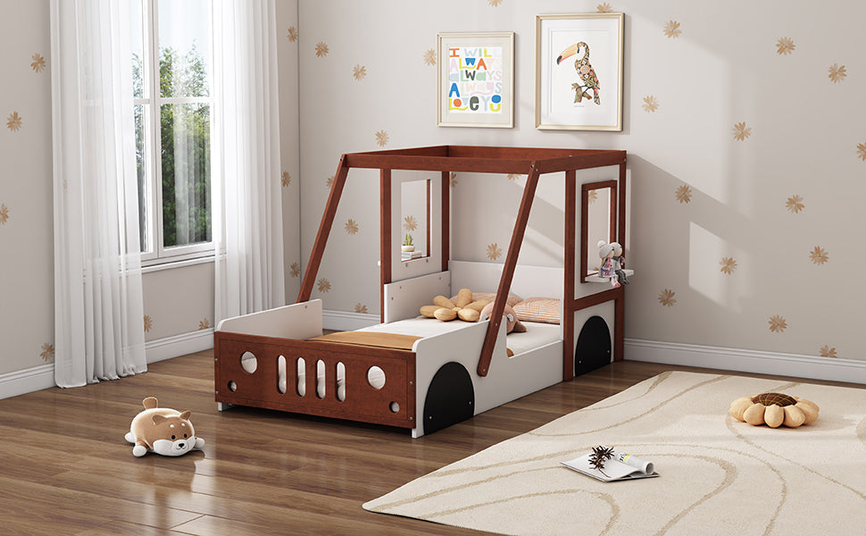 Fun Play Design Twin Size Car Bed by HouseOfZazla with brown wood frame and white panels on Tampa Home & Garden Store