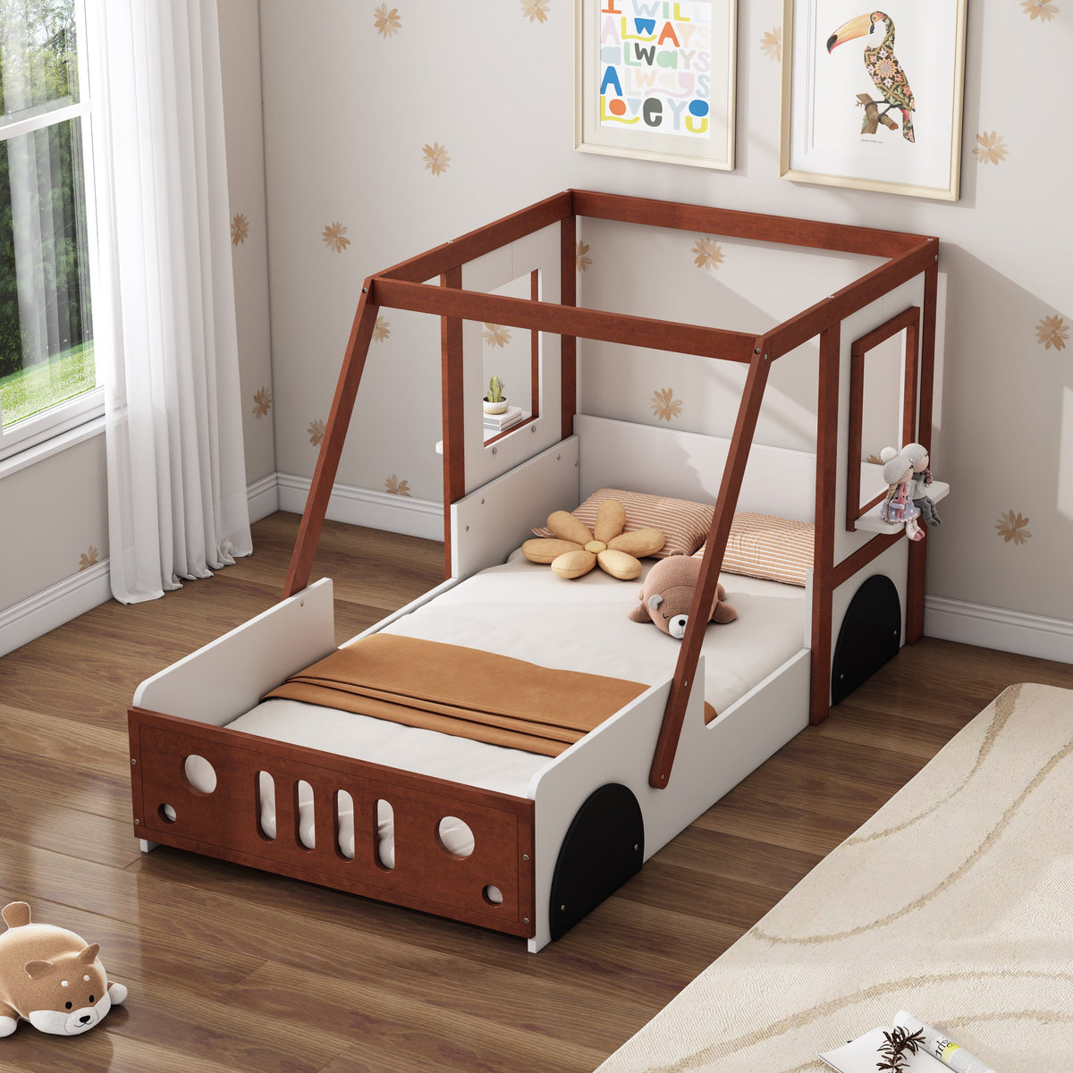 Two twin size car bed frames in dark wood with white panels by HouseOfZazla on Tampa Home & Garden Store