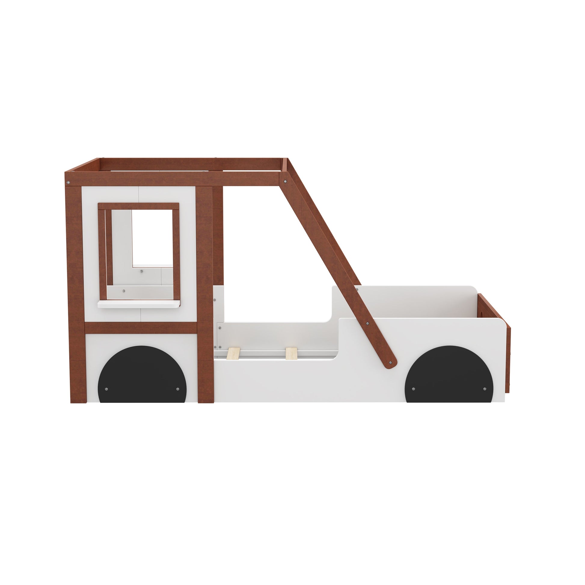 Fun Play Design Twin Size Car Bed with brown wood frame and white panels by HouseOfZazla on Tampa Home & Garden Store