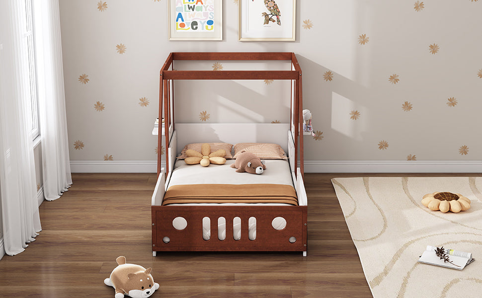 Fun Play Design Twin Size Car Bed by HouseOfZazla in a dark wooden frame with white panels on Tampa Home & Garden Store