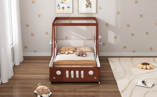 Fun Play Design Twin Size Car Bed by HouseOfZazla in a dark wooden frame with white panels on Tampa Home & Garden Store