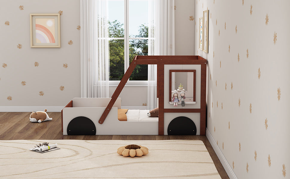 Fun Play Design Twin Size Car Bed HouseOfZazla white-brown wooden frame with car-wheel details on Tampa Home & Garden Store