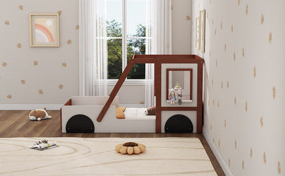 Fun Play Design Twin Size Car Bed HouseOfZazla white-brown wooden frame with car-wheel details on Tampa Home & Garden Store
