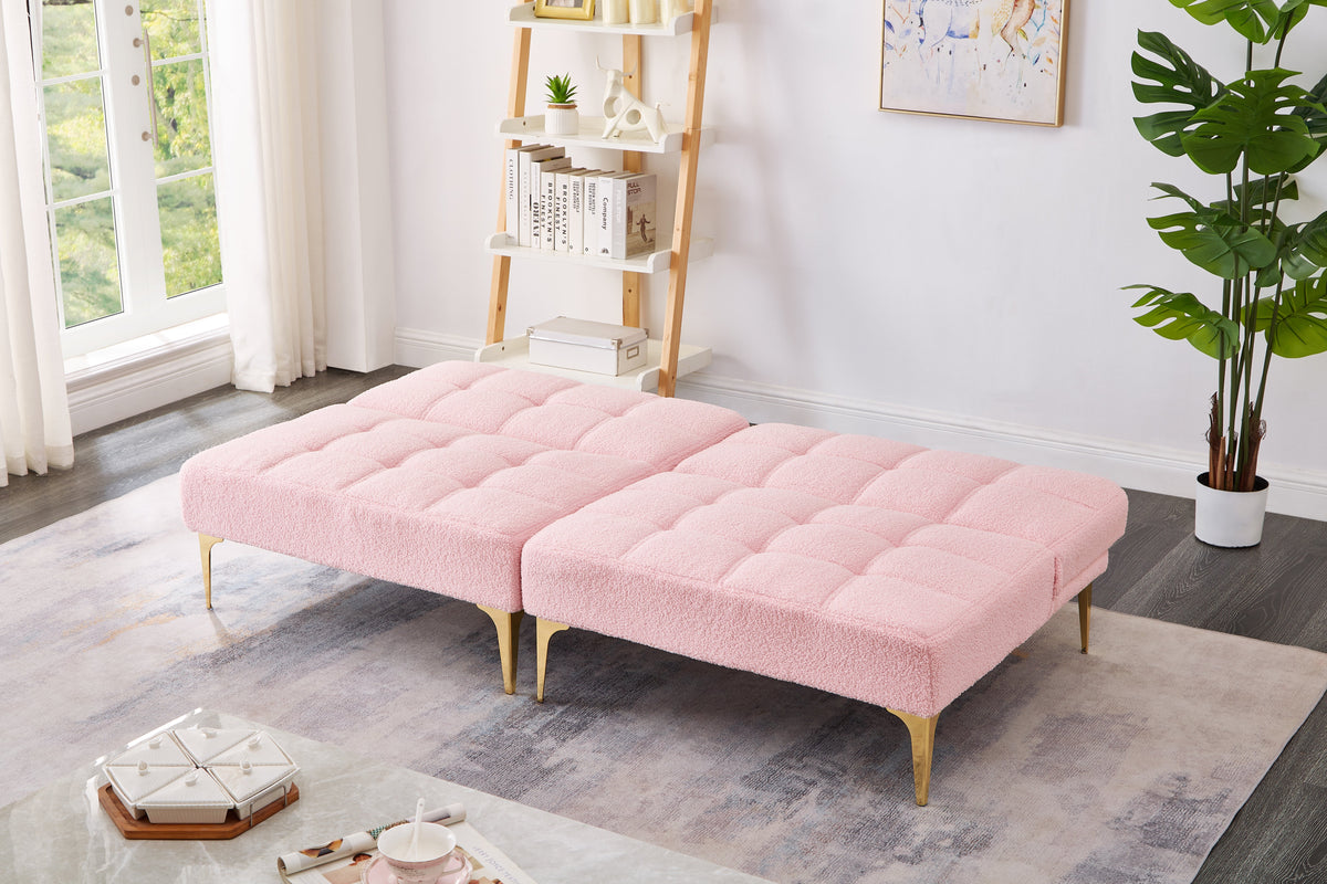 71-inch convertible sofa bed futon in pink boucle tufted upholstery with gold legs on Tampa Home & Garden Store