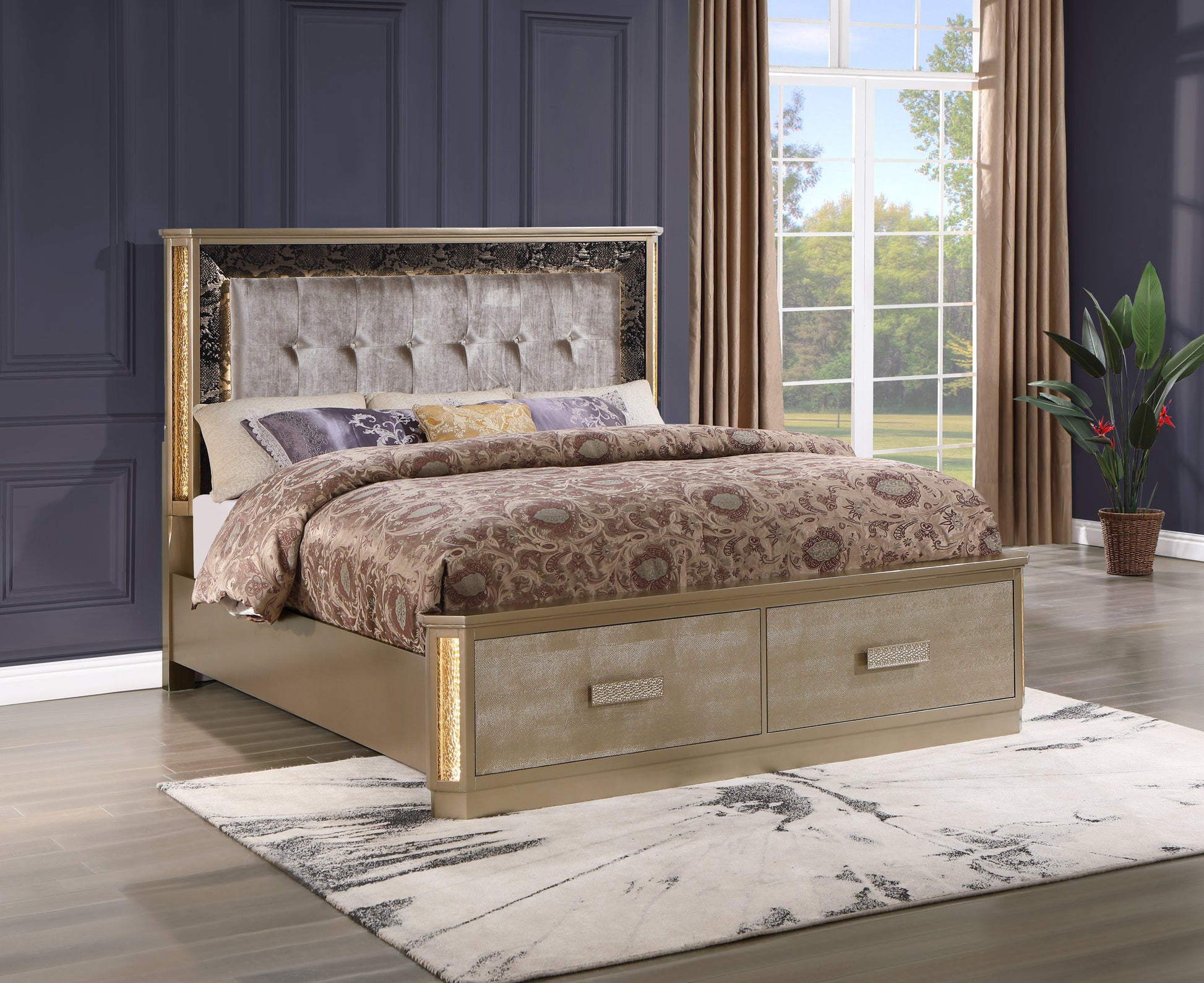Medusa queen bed by HouseOfZazla with gold wood frame, tufted gray headboard on Tampa Home & Garden Store