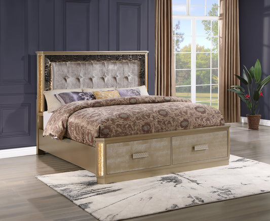 Medusa queen bed by HouseOfZazla with gold wood frame, tufted gray headboard on Tampa Home & Garden Store