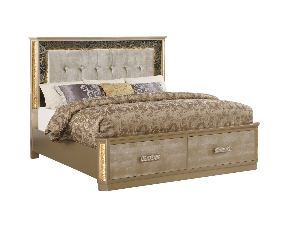 Queen bed HouseOfZazla wood frame with tufted beige headboard, gold trim and drawers on Tampa Home & Garden Store
