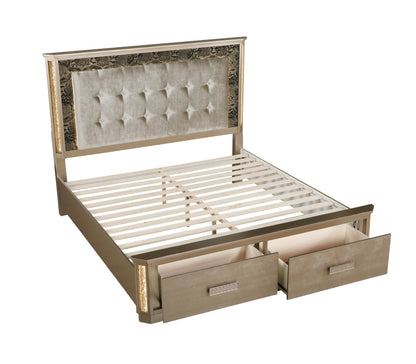 Medusa modern queen bed with wood frame; gold finish, beige tufted headboard snakeskin trim on Tampa Home & Garden Store