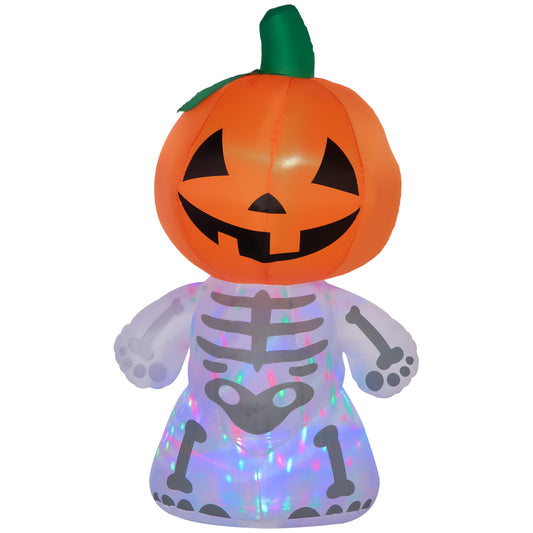 6ft Halloween inflatable pumpkin with green stem and skeleton-pattern torso, colorful LED glow on Tampa Home & Garden Store