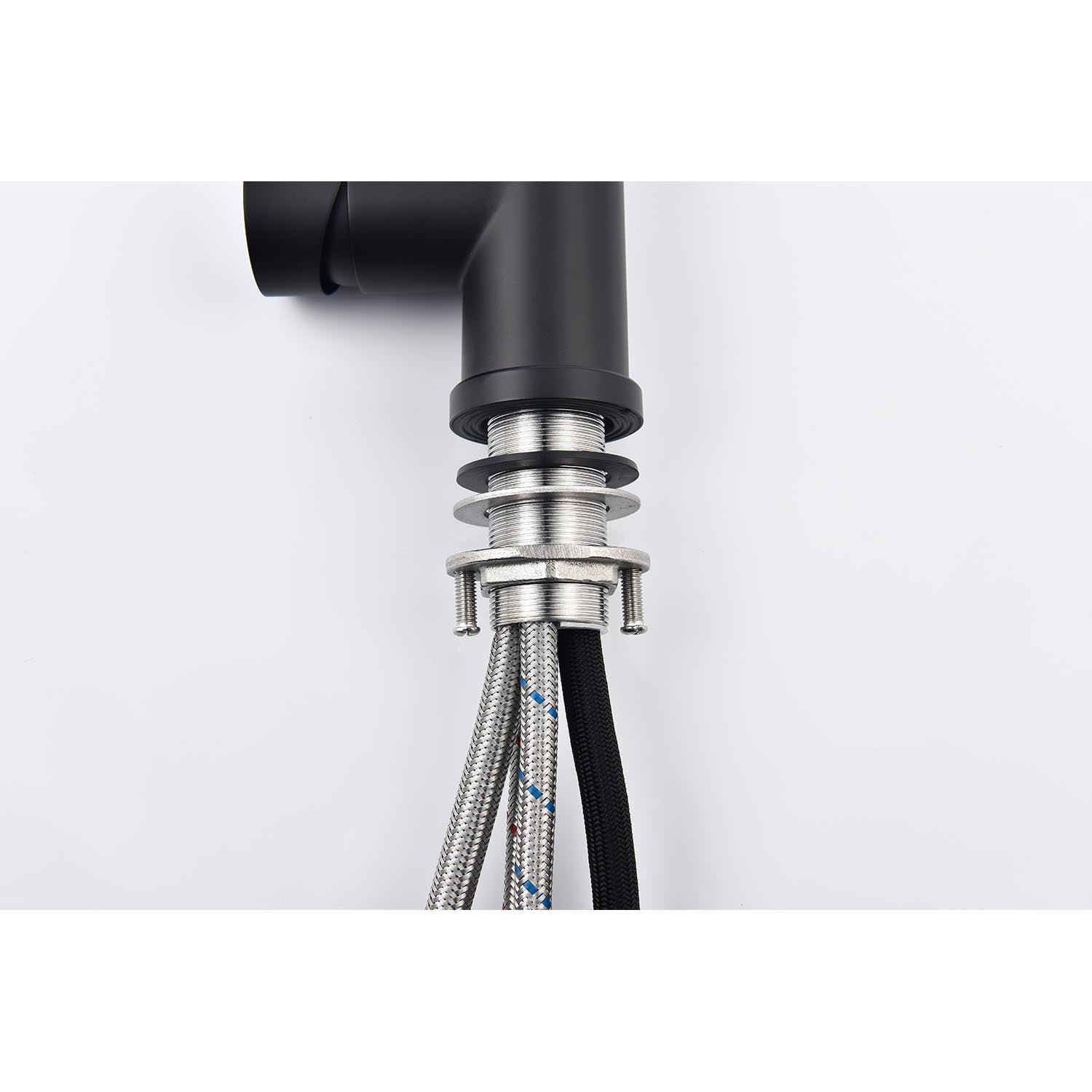 Pull-down kitchen faucet with black matte body and braided hoses on Tampa Home & Garden Store