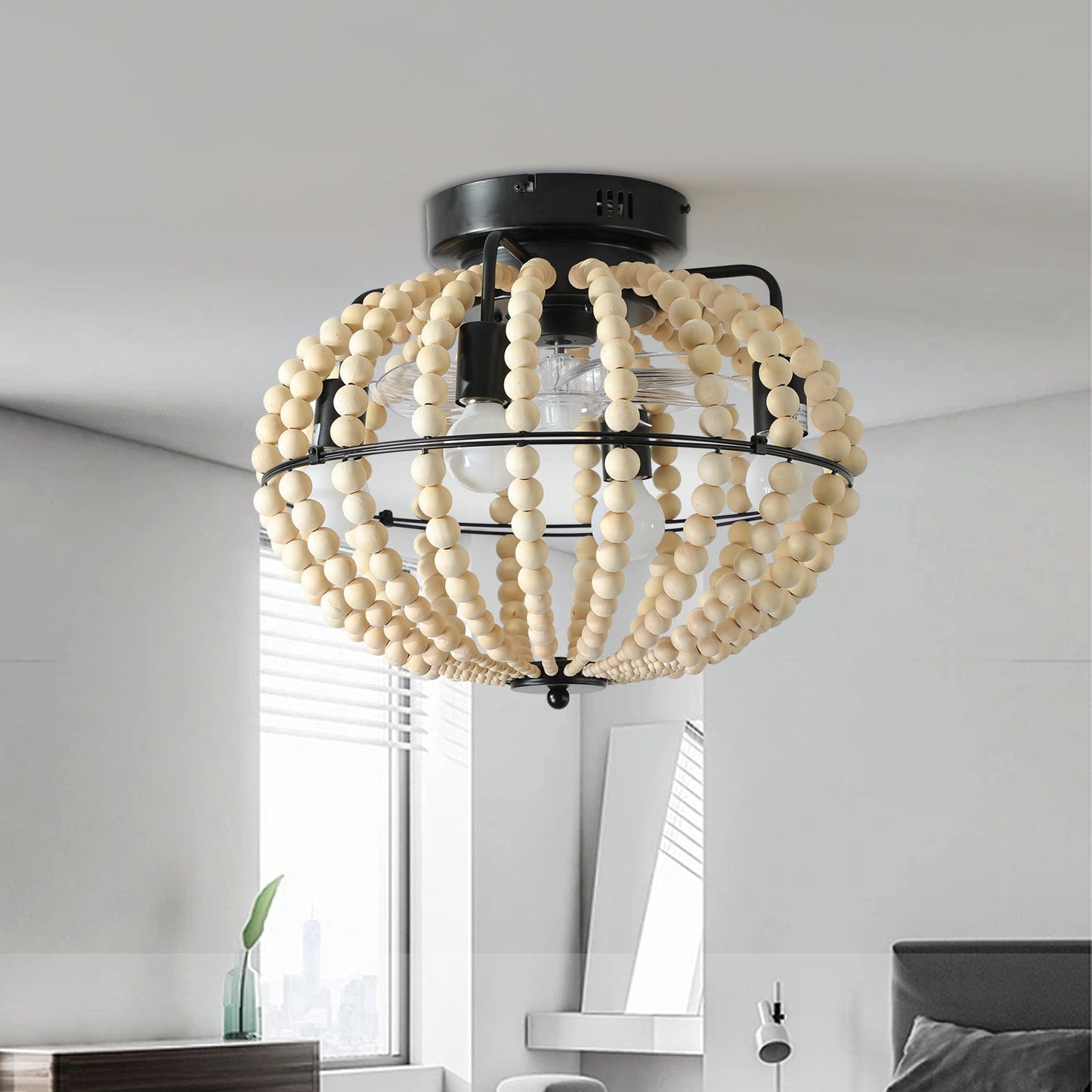 18-inch Bohemian wood beaded ceiling fan with light, black metal frame globe for bedroom vanity on Tampa Home & Garden Store