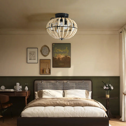 18in Bohemian Wood Beaded Ceiling Fan with Light spherical bead shade, black metal frame on Tampa Home & Garden Store