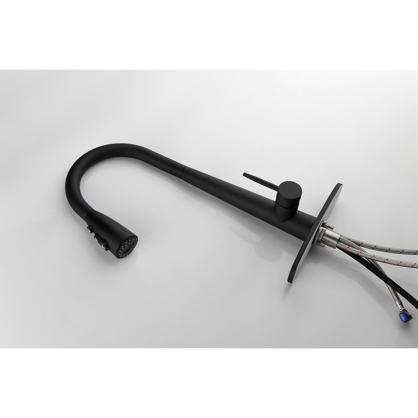 Black matte single-handle pull-down kitchen faucet with gooseneck spout and pull-down sprayer on Tampa Home & Garden Store
