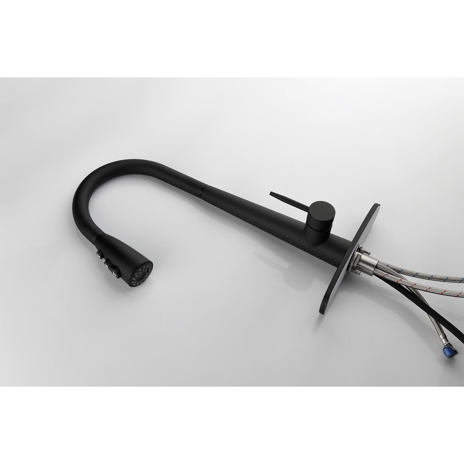 Black matte single-handle pull-down kitchen faucet with gooseneck spout and pull-down sprayer on Tampa Home & Garden Store