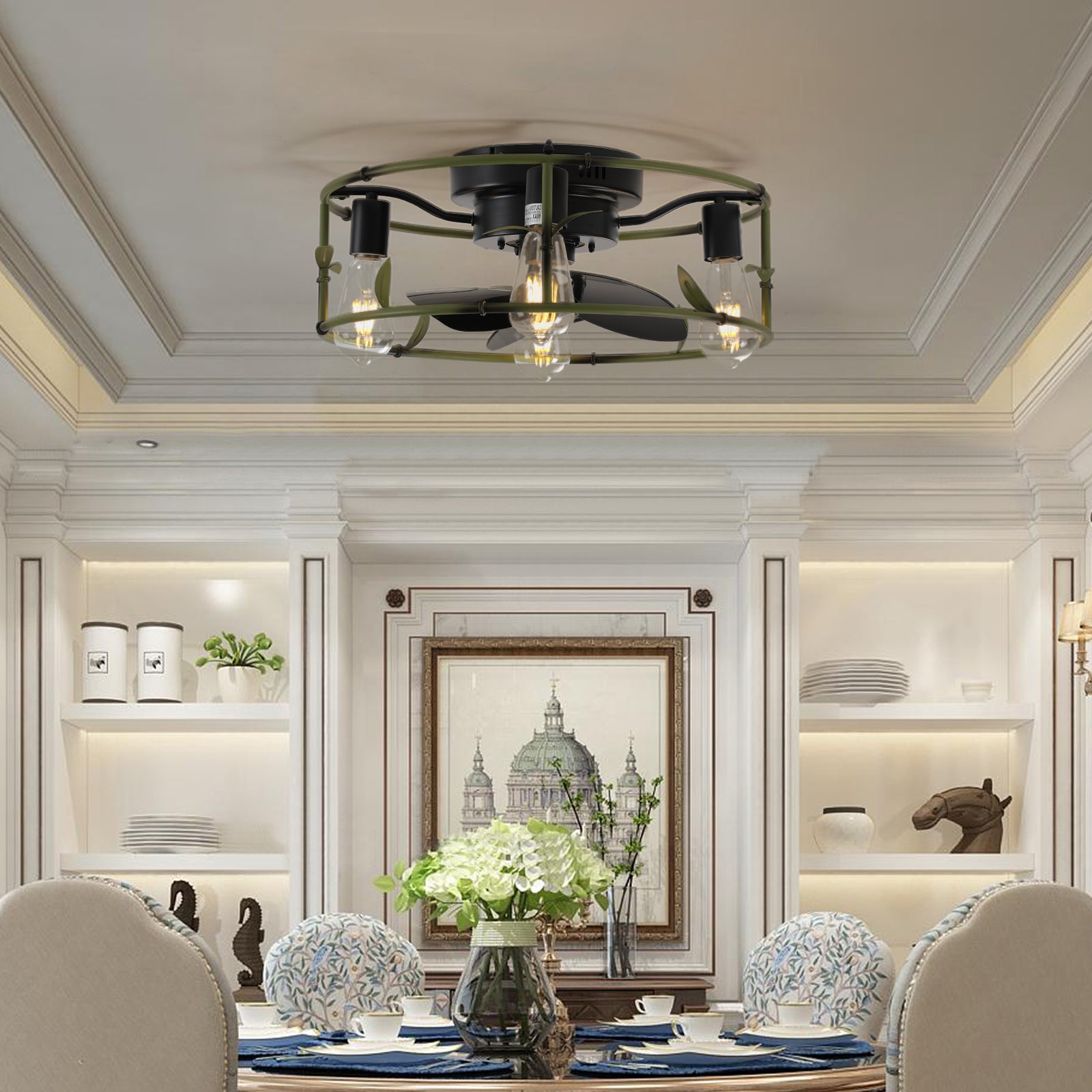 19in green industrial ceiling fan with light by HouseOfZazla in a bright dining room on Tampa Home & Garden Store