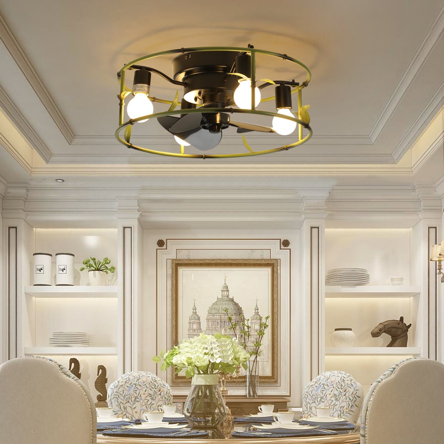 19in green industrial ceiling fan with light, circular frame and four bulbs in a luxe dining room on Tampa Home & Garden Store