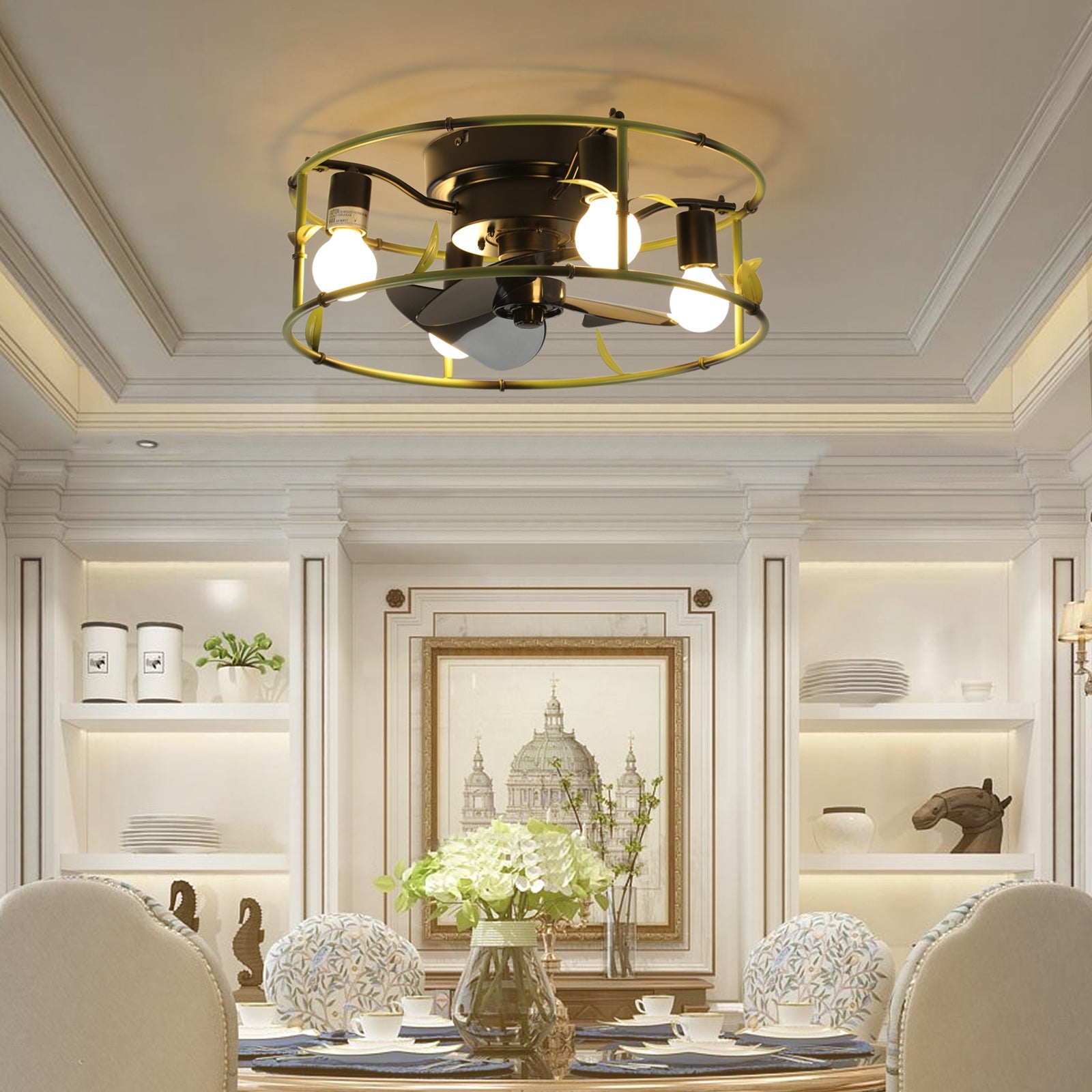 19in green industrial ceiling fan with light, circular frame and four bulbs in a luxe dining room on Tampa Home & Garden Store