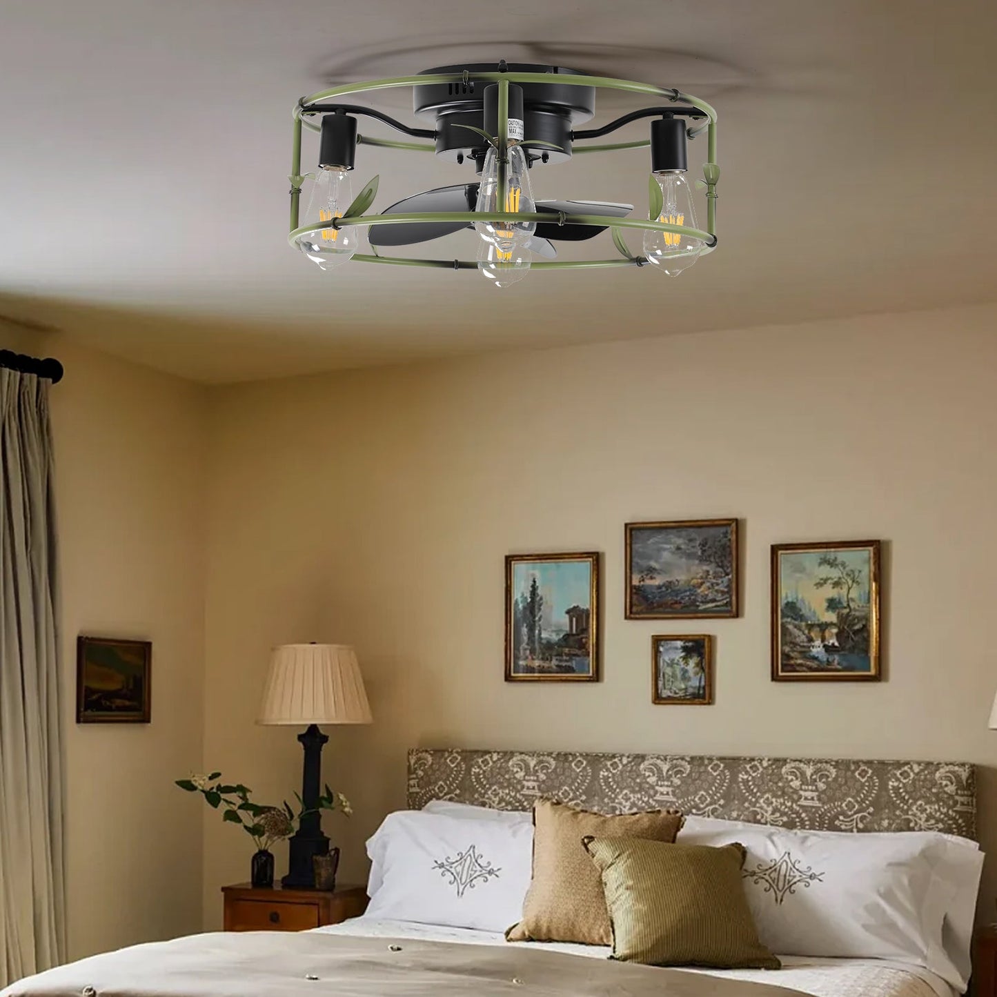 19-inch green industrial ceiling fan with light by HouseOfZazla, Edison bulbs in a bedroom on Tampa Home & Garden Store