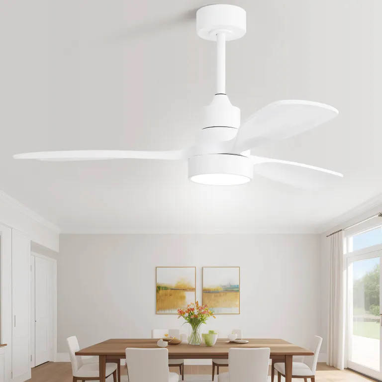 48in white wood-blade ceiling fan with light and remote in a bright dining room on Tampa Home & Garden Store