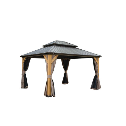 12x14 hardtop gazebo with cedar wood frame and taupe curtains on Tampa Home & Garden Store