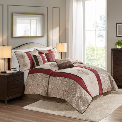 Queen 7-Piece Jacquard Comforter Set with Throw Pillows by HouseOfZazla in beige burgundy jacquard on Tampa Home & Garden Store