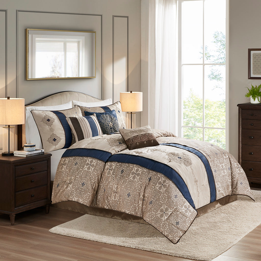 Queen 7 Piece Jacquard Comforter Set with Throw Pillows in beige ivory and navy on bed on Tampa Home & Garden Store