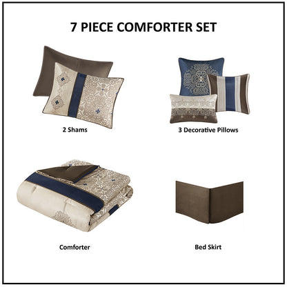 Queen 7pc Jacquard comforter set with 2 shams and 3 pillows in taupe, cream, blue HouseOfZazla on Tampa Home & Garden Store