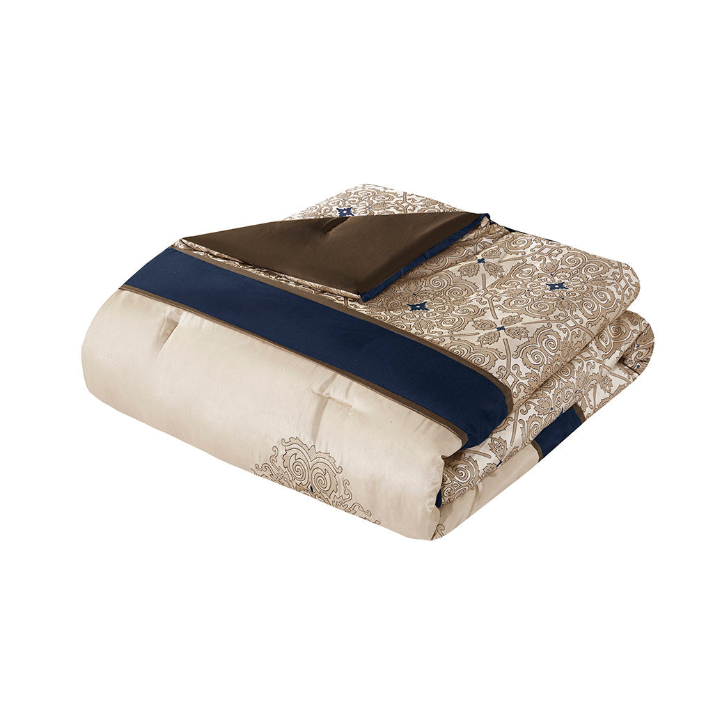 Queen 7pc Jacquard Comforter Set with Throw Pillows beige jacquard navy trim HouseOfZazla on Tampa Home & Garden Store