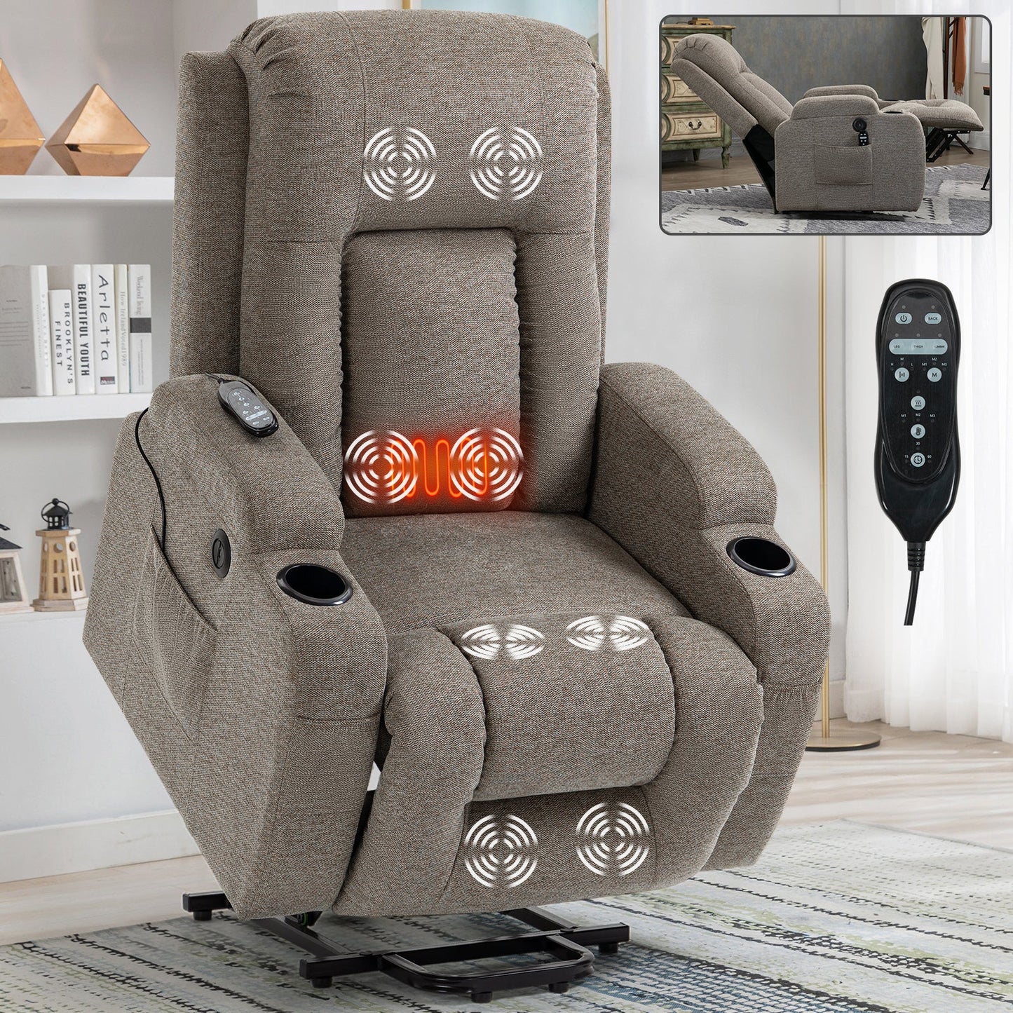 Power lift recliner chair with built-in massage and heat in taupe fabric with remote on Tampa Home & Garden Store