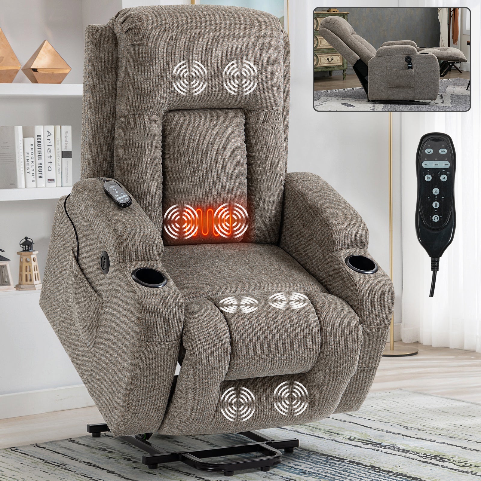 Power lift recliner chair with built-in massage and heat in taupe fabric with remote on Tampa Home & Garden Store