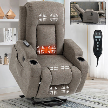 Power lift recliner chair with built-in massage and heat in taupe fabric with remote on Tampa Home & Garden Store