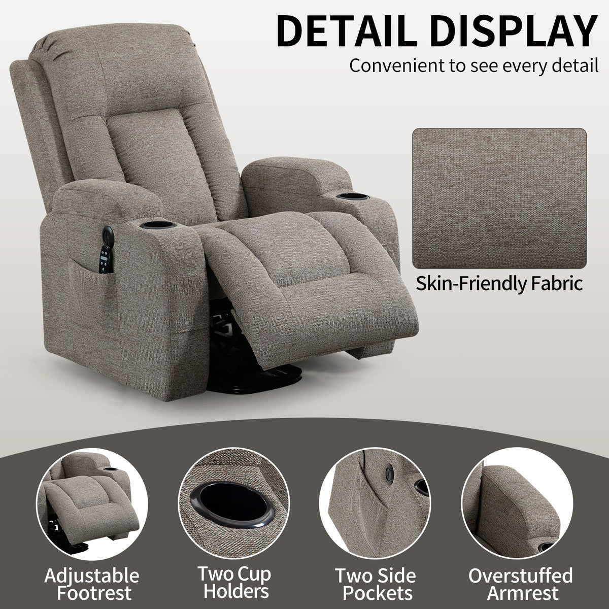 Power Lift Recliner Chair with Massage and Heat in beige fabric by HouseOfZazla with cup holders on Tampa Home & Garden Store