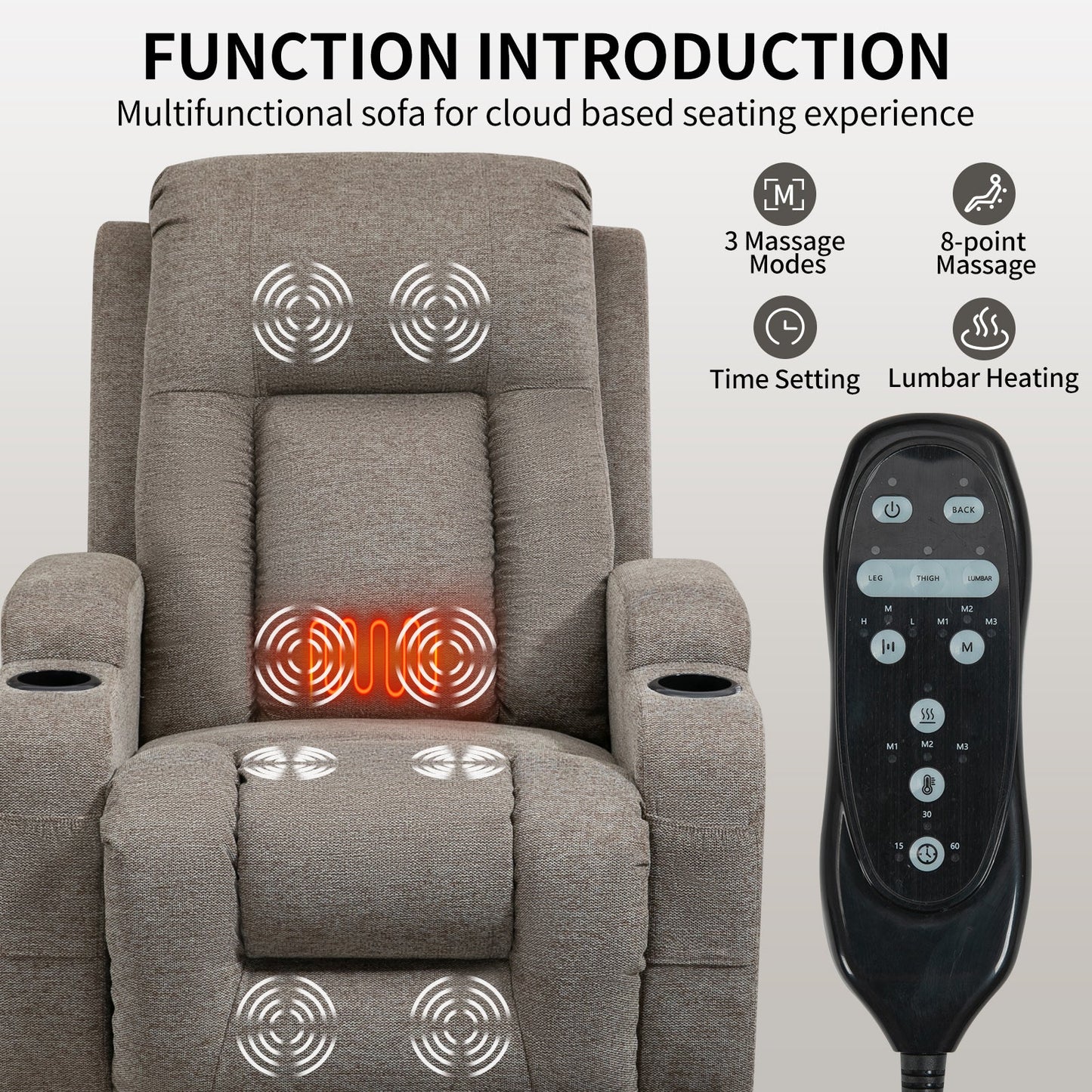 Power Lift Recliner Chair with Massage and Heat ComfortMAX, brown fabric, remote on Tampa Home & Garden Store
