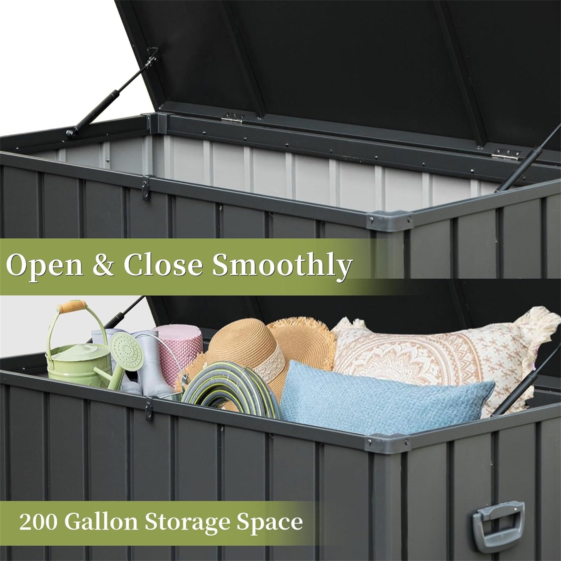 200 Gallon Outdoor Storage Deck Box by HouseOfZazla, dark gray metal with open hinged lid on Tampa Home & Garden Store