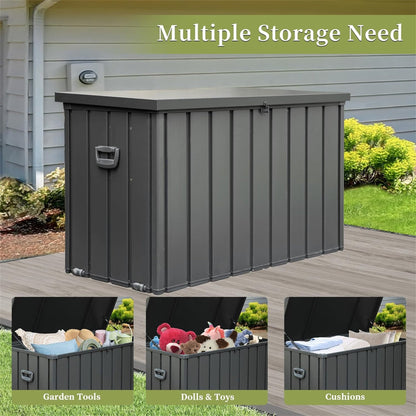 200 Gallon Outdoor Storage Deck Box by HouseOfZazla in dark gray with lid latch on a deck on Tampa Home & Garden Store