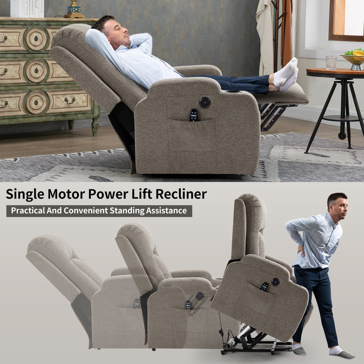 Power Lift Recliner Chair beige fabric by HouseOfZazla with remote in side pocket on Tampa Home & Garden Store