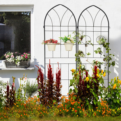 4 Pack Metal Garden Trellises with arched tops and grid panels supporting hanging planters on Tampa Home & Garden Store