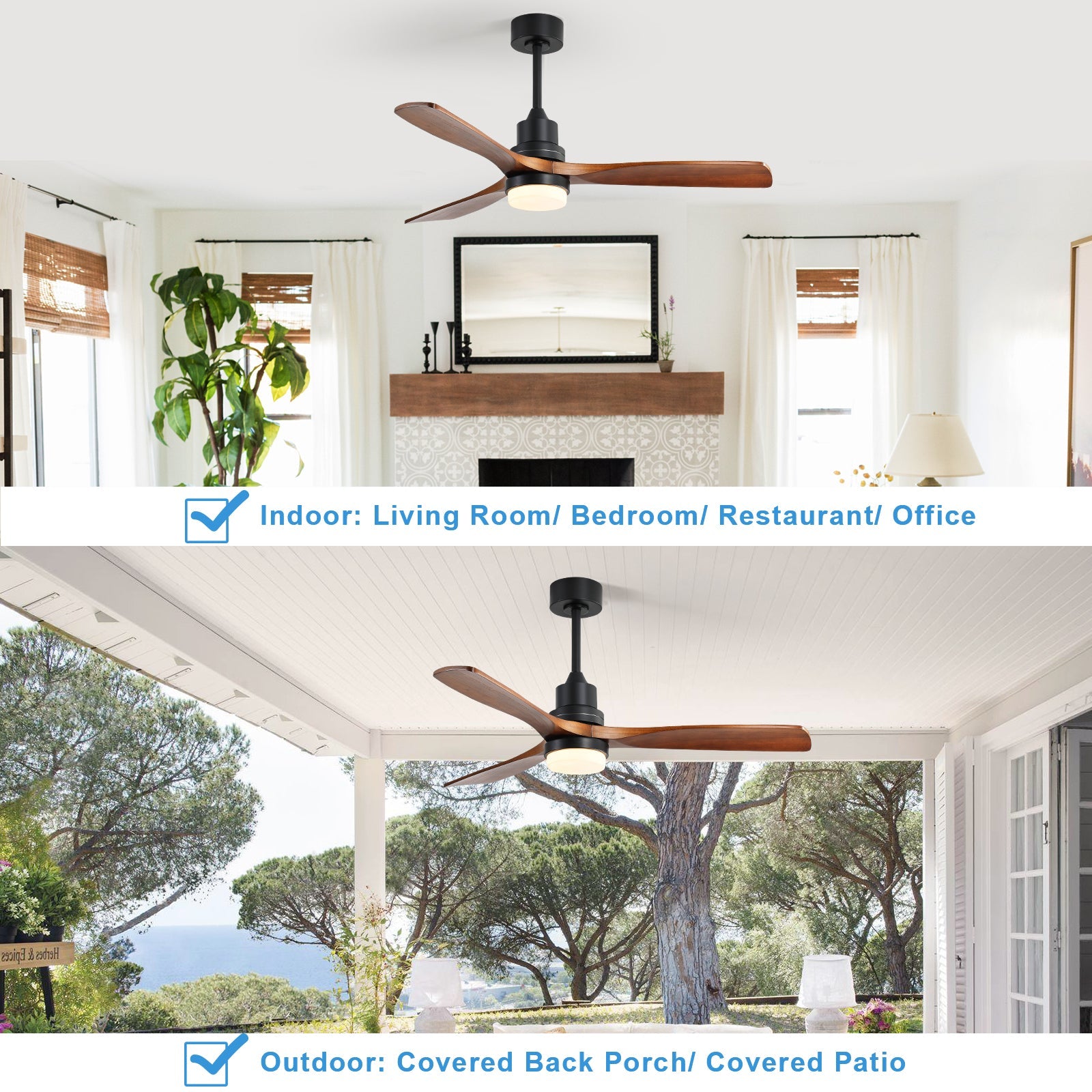 52-inch indoor ceiling fan with wood blades, black motor, dimmable LED light, remote on Tampa Home & Garden Store