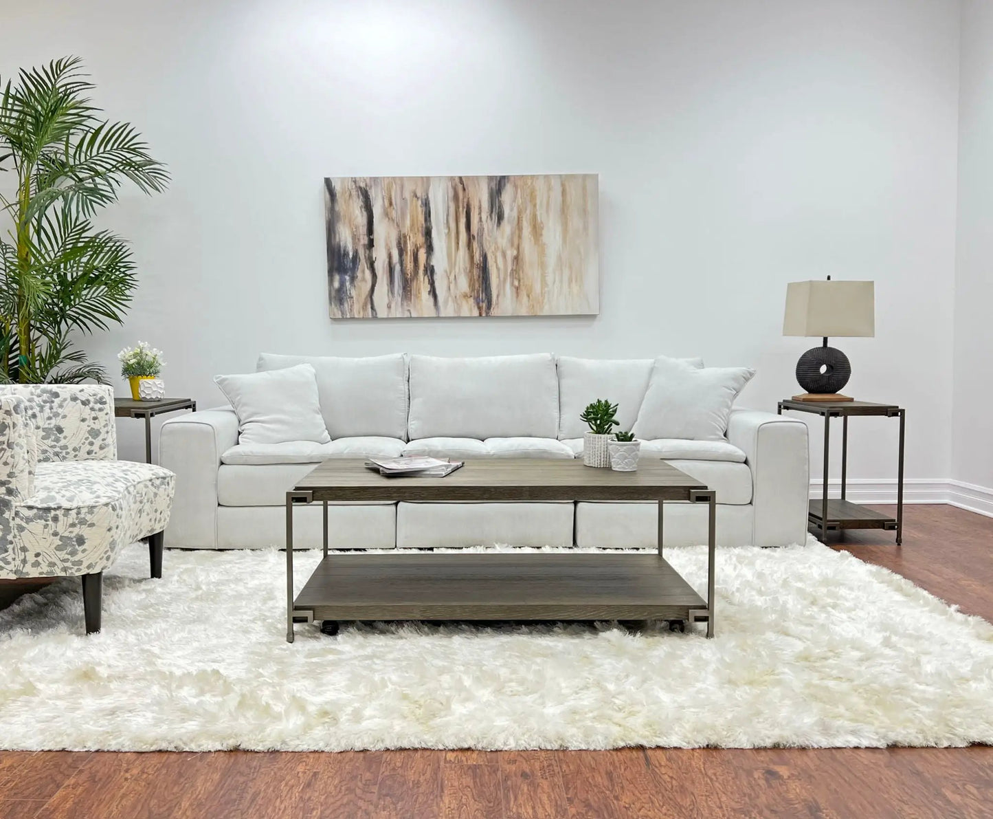 Corbeta 3-piece metal frame wood coffee table and two chairside tables in aged graphite brown on Tampa Home & Garden Store