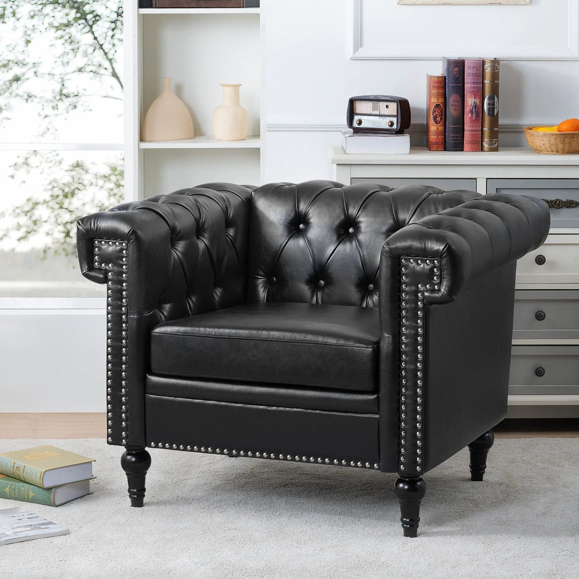 1 Seater black leather sofa with tufted arms and nailhead trim by Unique Piece Furniture on Tampa Home & Garden Store