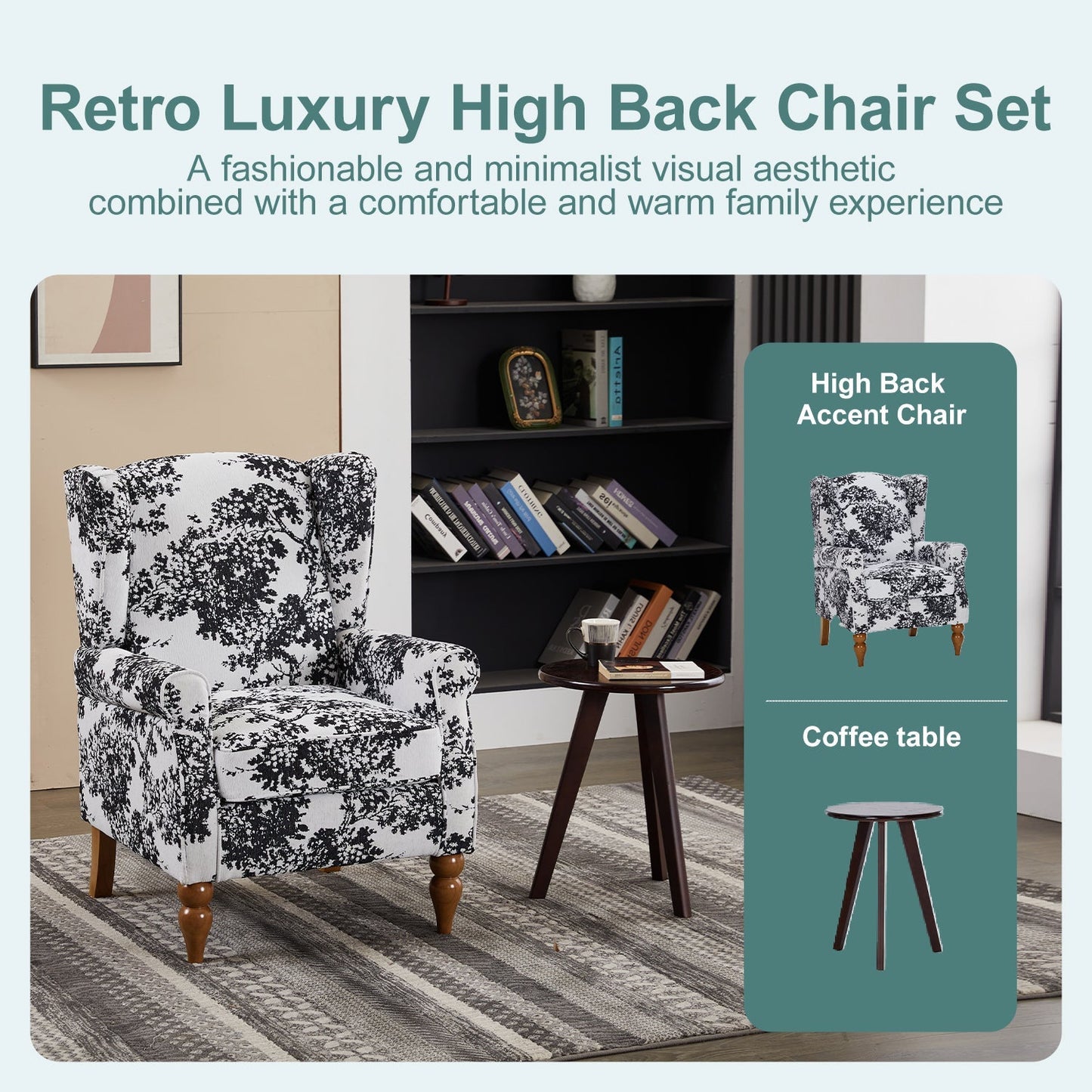 Coffee Table & Armchair Set: 1 high-back floral chair with wooden legs beside a round table on Tampa Home & Garden Store