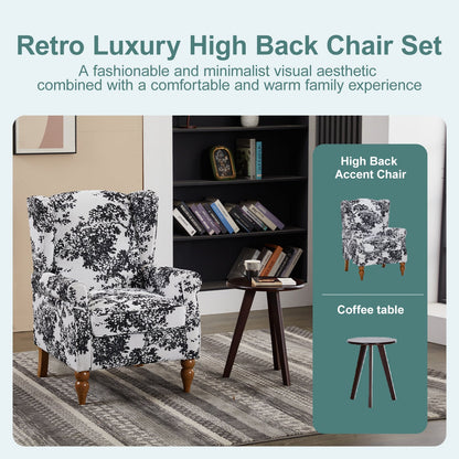 Coffee Table & Armchair Set: 1 high-back floral chair with wooden legs beside a round table on Tampa Home & Garden Store