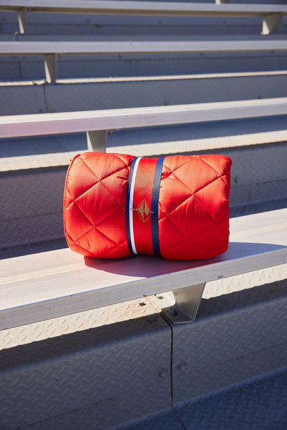 Iowa State University red puffer blanket quilted with blue-white strap by Pretty Rugged on Tampa Home & Garden Store