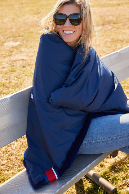 Villanova Navy Puffer Blanket navy blue quilted with plush faux fur trim on Tampa Home & Garden Store