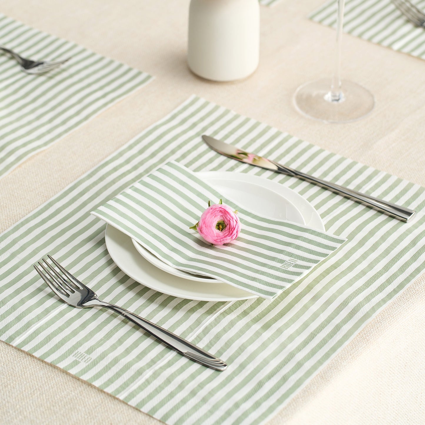 Green Tonal Striped Disposable Napkin Set of 100