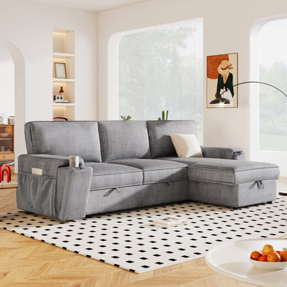 U_STYLE Upholstery Sleeper Sectional Sofa with Storage Bags, gray striped fabric, HouseOfZazla on Tampa Home & Garden Store