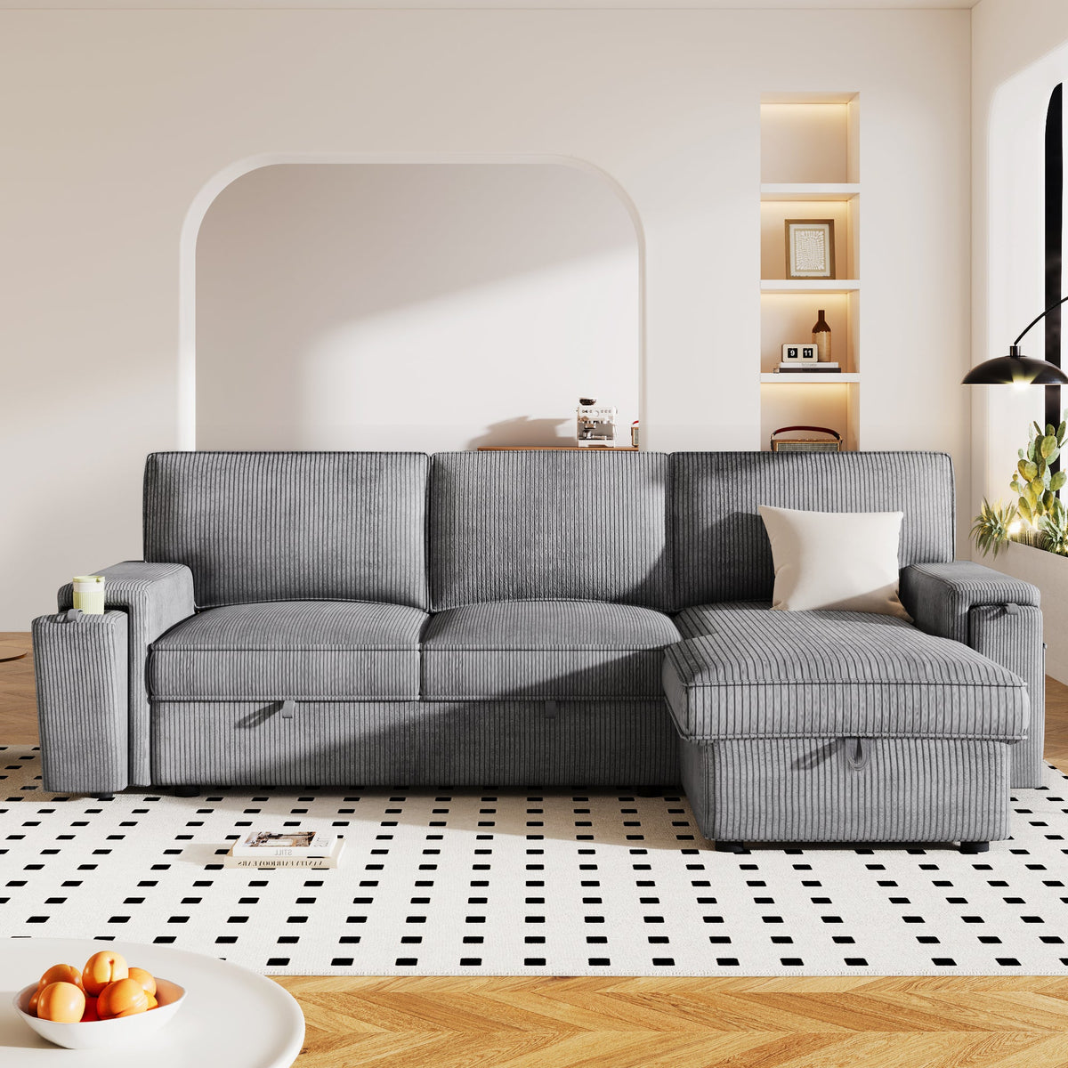 U_STYLE Sleeper Sectional Sofa with Storage Bags in grey pinstripe fabric by HouseOfZazla on Tampa Home & Garden Store