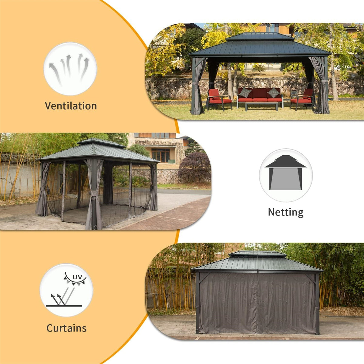 10x14 Aluminum Hardtop Gazebo and Steel Canopy with red seating HouseOfZazla on Tampa Home & Garden Store